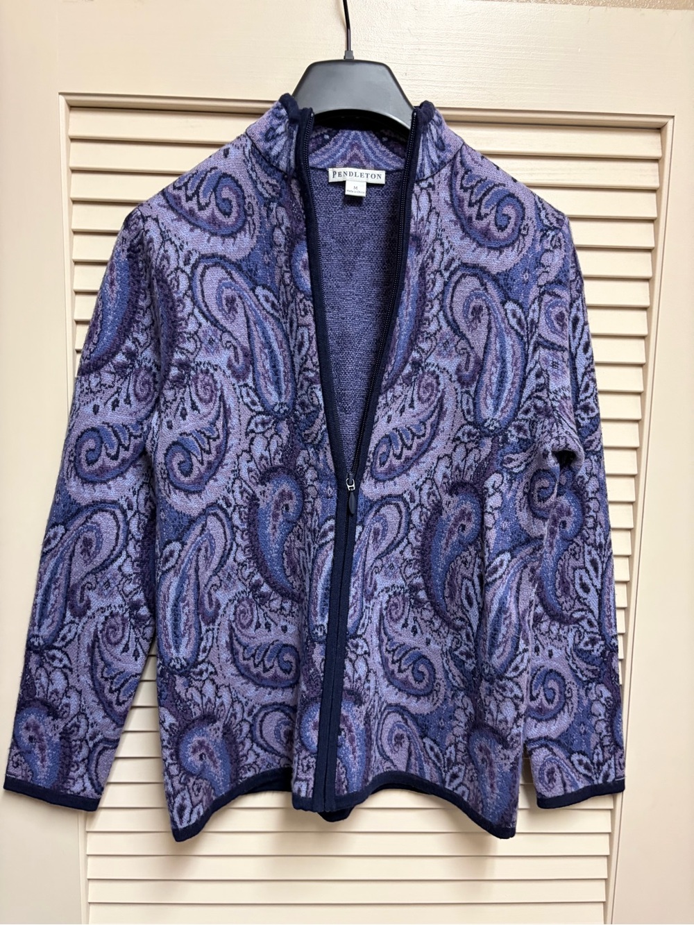 Pendleton 100% Merino Wool Paisley Zip Cardigan Sweater Women Medium Purple Boho